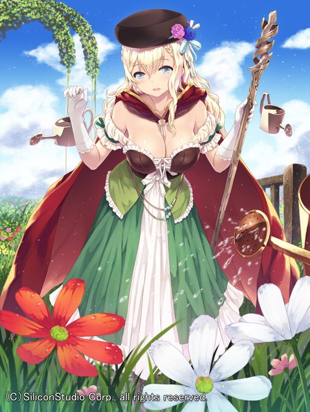 Anime picture 606x806 with gyakushuu no fantasica cait single long hair tall image fringe breasts open mouth light erotic blonde hair smile hair between eyes large breasts standing holding looking away sky cleavage cloud (clouds) official art