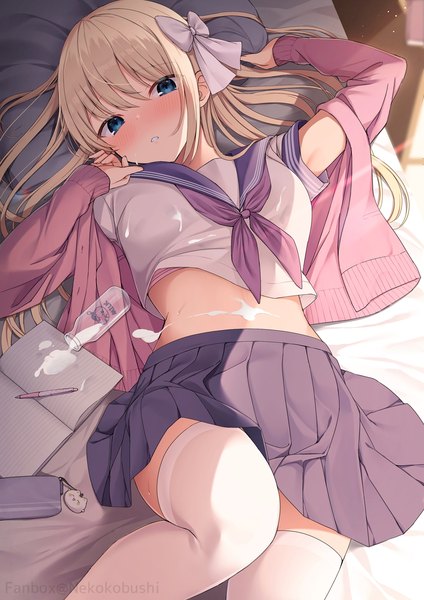 Anime picture 1414x2000 with original nekokobushi single long hair tall image looking at viewer blush fringe blue eyes light erotic blonde hair hair between eyes lying long sleeves parted lips pleated skirt open clothes arms up midriff on back