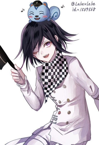 Anime picture 597x876 with dangan ronpa steins;gate new danganronpa v3 animal crossing white fox ouma kokichi ricky (doubutsu no mori) z-epto (chat-noir86) single tall image looking at viewer fringe short hair open mouth black hair simple background smile hair between eyes standing white background