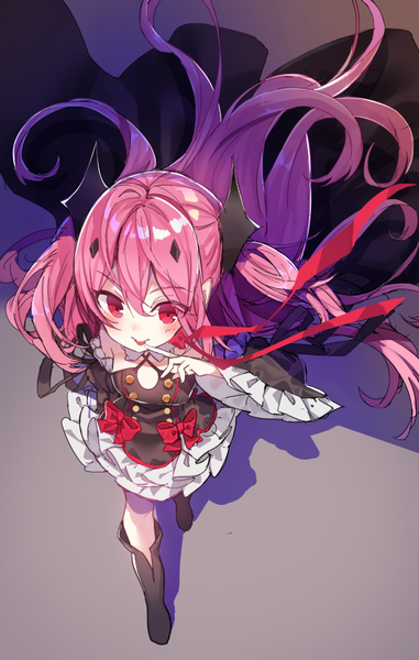 Anime picture 600x943 with owari no seraph wit studio kururu tepes kinokoko-kino single long hair tall image blush fringe hair between eyes red eyes pink hair full body from above wide sleeves shadow two side up floating hair finger to mouth :p