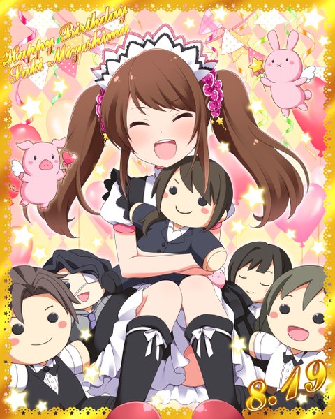 Anime picture 972x1214 with idolmaster idolmaster side-m mizushima saki ringo yuyu long hair tall image blush open mouth smile brown hair twintails eyes closed maid otoko no ko boy socks black socks doll (dolls) character doll