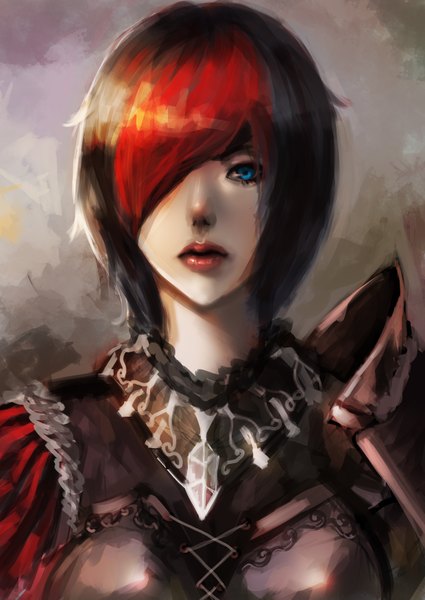 Anime picture 2480x3505 with league of legends fiora (league of legends) dotentity single tall image looking at viewer fringe highres short hair blue eyes black hair red hair multicolored hair hair over one eye two-tone hair lens flare girl armor
