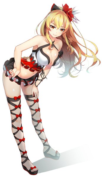 Anime picture 574x1000 with granblue fantasy vira lilie asahina hikage single long hair tall image looking at viewer blush fringe breasts light erotic simple background blonde hair smile large breasts white background bare shoulders brown eyes cleavage ponytail