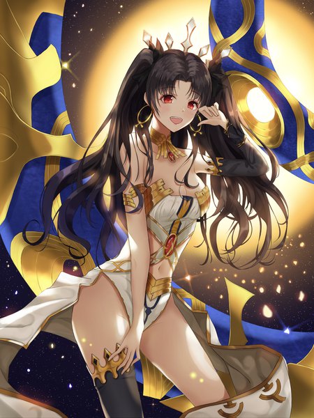 Anime picture 3000x4000 with fate (series) fate/grand order ishtar (fate) siete (artist) single long hair tall image looking at viewer blush fringe highres breasts open mouth light erotic black hair smile red eyes cleavage sparkle two side up