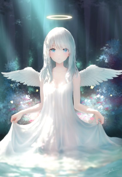 Anime picture 1706x2466 with original ojay tkym single long hair tall image looking at viewer fringe highres breasts blue eyes standing signed cleavage outdoors white hair parted lips sunlight blurry wet wet clothes