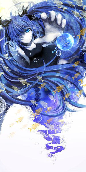 Anime picture 1024x2048 with vocaloid hatsune miku ao aka maou single tall image looking at viewer fringe open mouth blue eyes twintails blue hair sleeveless outstretched arm floral print abstract girl dress ribbon (ribbons) hair ribbon animal