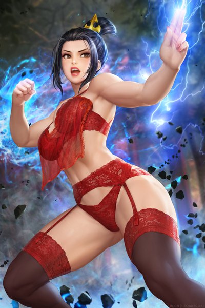 Anime picture 2400x3597 with avatar: the last airbender nickelodeon azula nudtawut thongmai single tall image highres short hair breasts open mouth light erotic black hair large breasts brown eyes payot looking away bent knee (knees) lips realistic underwear only
