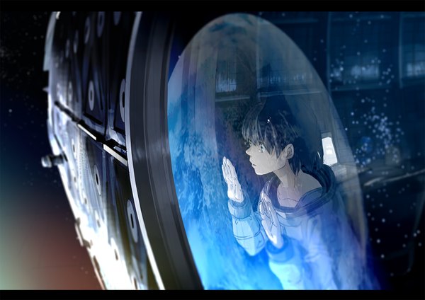 Anime picture 1754x1240 with original kuronokuro single fringe highres short hair black hair looking away night night sky surprised against glass boy star (stars) spacecraft