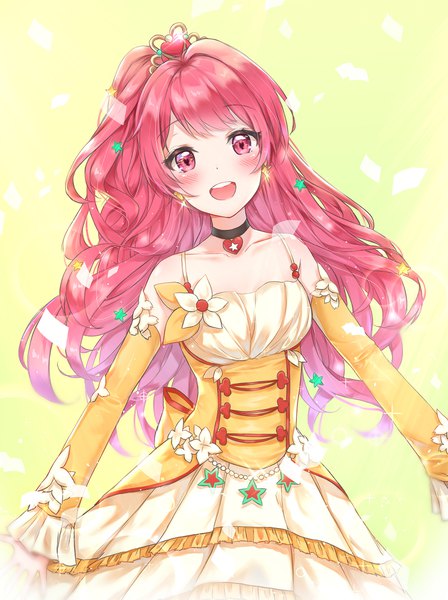Anime picture 1500x2005 with shining star cuna (qunya) single long hair tall image looking at viewer blush fringe breasts open mouth simple background smile standing pink hair head tilt :d pink eyes teeth sparkle wavy hair