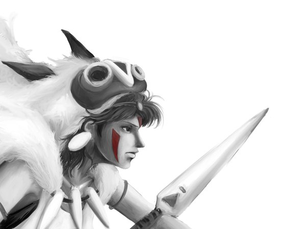 Anime picture 2000x1500 with mononoke hime studio ghibli san uramix (pixiv) single long hair highres simple background white background bare shoulders profile monochrome mask on head face paint girl weapon mask spear