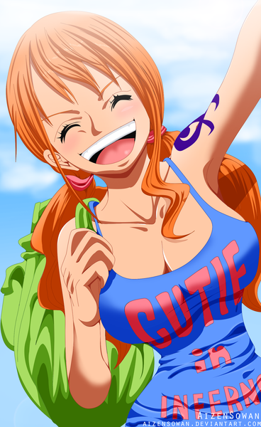 Anime picture 1411x2297 with one piece toei animation nami (one piece) aizen sowan single long hair tall image blush fringe breasts open mouth smile large breasts twintails holding signed cleavage upper body eyes closed arm up