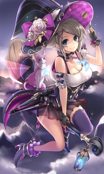 Anime picture 521x868 with original t-track (artist) single tall image looking at viewer blush fringe short hair breasts blue eyes smile large breasts holding payot cleavage pleated skirt grey hair high heels sheathed witch