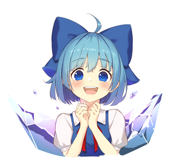 Anime picture 1020x910 with touhou cirno quasar631 single looking at viewer blush short hair open mouth blue eyes simple background white background blue hair upper body ahoge :d teeth girl bow hair bow