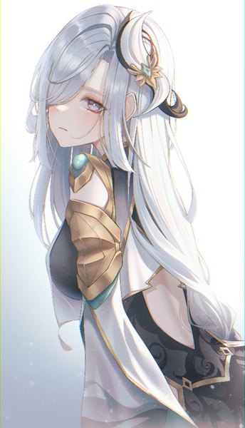 Anime picture 573x1000 with genshin impact shenhe (genshin impact) orecalc3092 single long hair tall image looking at viewer blush fringe breasts simple background silver hair upper body hair over one eye grey eyes turning head girl hair ornament bodysuit