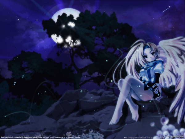 Anime picture 1280x960 with guilty gear millia rage meg (minitokyo) single long hair looking at viewer breasts blue eyes light erotic blonde hair large breasts signed inscription night wallpaper night sky dark background third-party edit girl plant (plants)
