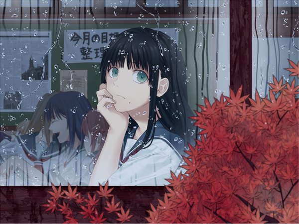 Anime picture 1316x988 with original kosagi midori long hair looking at viewer black hair green eyes rain girl serafuku window leaf (leaves)