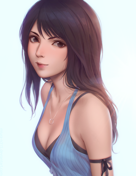 Anime picture 1280x1648 with final fantasy final fantasy viii square enix rinoa heartilly miura-n315 single long hair tall image looking at viewer blush fringe breasts light erotic black hair simple background hair between eyes bare shoulders cleavage upper body lips