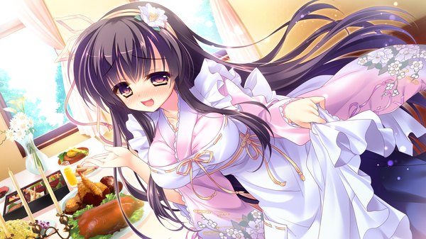 Anime picture 2048x1152 with love love life skyfish (studio) kuroba kasumi wori single long hair looking at viewer blush highres breasts open mouth black hair smile wide image large breasts purple eyes game cg hair flower embarrassed girl