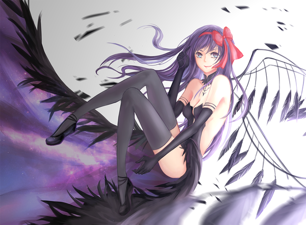 Anime picture 1200x885 with mahou shoujo madoka magica shaft (studio) akemi homura akuma homura luoye single long hair fringe breasts light erotic smile purple eyes bare shoulders cleavage purple hair bent knee (knees) legs bare back girl thighhighs