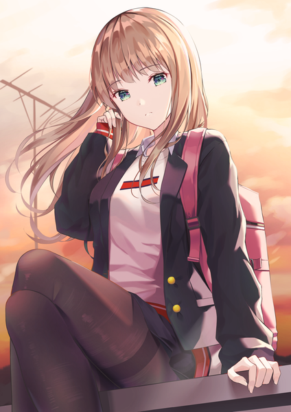Anime picture 955x1351 with gridman universe ssss.dynazenon studio trigger minami yume hyonee single long hair tall image fringe breasts brown hair sitting green eyes sky cloud (clouds) bent knee (knees) outdoors blunt bangs long sleeves wind
