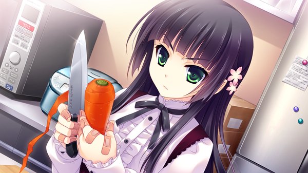 Anime picture 2048x1152 with guardian place skyfish (studio) suminoin ouka saeki hokuto long hair highres black hair wide image green eyes game cg cooking girl dress knife vegetables carrot