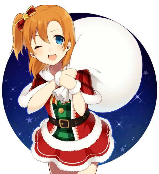 Anime picture 800x875 with love live! school idol project sunrise (studio) love live! kousaka honoka chisumi single tall image looking at viewer blush short hair open mouth blue eyes one eye closed wink orange hair one side up christmas girl bow hair bow