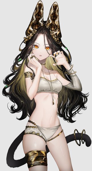 Anime picture 2214x4096 with original nanaponi single long hair tall image looking at viewer fringe highres breasts light erotic black hair simple background standing animal ears tail nail polish head tilt animal tail multicolored hair fingernails