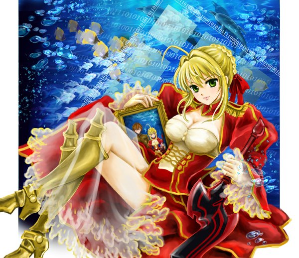 Anime picture 1150x993 with fate (series) fate/stay night fate/extra studio deen type-moon nero claudius (fate) (all) nero claudius (fate) manbosakuranbo (artist) single short hair blonde hair green eyes braid (braids) underbust braided bun girl dress water armor bubble (bubbles)