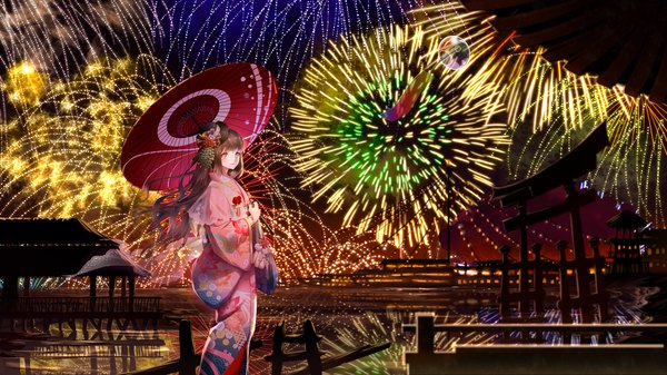 Anime picture 3840x2160 with original catcan single long hair looking at viewer blush fringe highres brown hair wide image standing holding brown eyes absurdres outdoors traditional clothes japanese clothes wind night wide sleeves