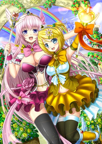 Anime picture 818x1157 with vocaloid megurine luka kagamine rin shibata rai long hair tall image blush short hair breasts open mouth blue eyes light erotic blonde hair large breasts multiple girls pink hair girl thighhighs dress gloves