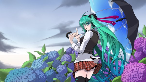 Anime picture 1920x1080 with vocaloid hatsune miku amino dopple (artist) highres blue eyes wide image very long hair green hair sky print girl thighhighs flower (flowers) umbrella