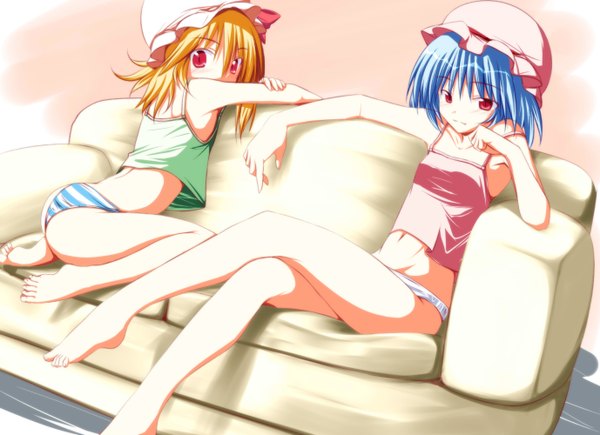 Anime picture 1378x1000 with touhou flandre scarlet remilia scarlet nirap (artist) short hair light erotic red eyes sitting multiple girls blue hair looking back orange hair one side up girl underwear panties 2 girls hat couch