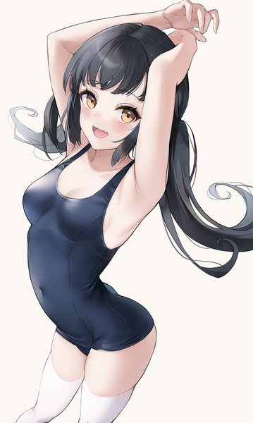 Anime picture 1000x1669 with original emyo single long hair tall image looking at viewer blush fringe breasts open mouth light erotic black hair simple background smile standing twintails yellow eyes payot blunt bangs :d
