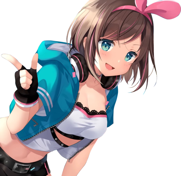 Anime picture 1091x1060 with virtual youtuber a.i. channel kizuna ai kizuna ai (a.i. games) kurot single blush fringe short hair breasts open mouth blue eyes smile brown hair cleavage upper body :d multicolored hair open jacket two-tone hair