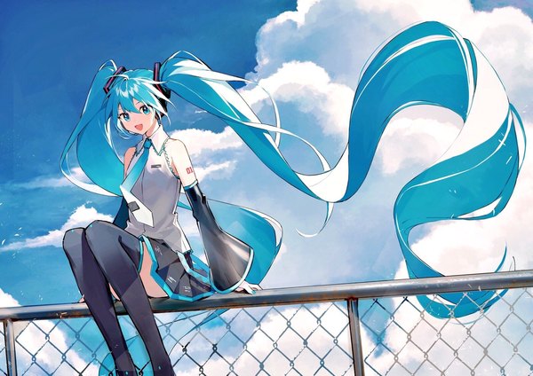 Anime picture 1600x1131 with vocaloid hatsune miku heridy single open mouth sitting twintails looking away sky cloud (clouds) ahoge outdoors very long hair :d aqua eyes wind aqua hair girl thighhighs black thighhighs