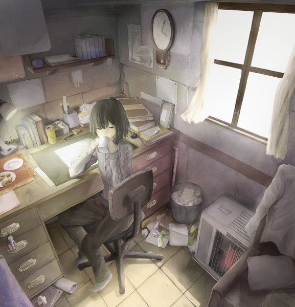 Anime picture 1200x1247 with original loundraw single tall image looking at viewer short hair brown hair sitting black eyes drinking detailed girl food window book (books) pants sweater couch table clock