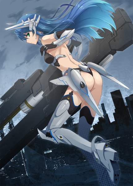 Anime picture 1000x1399 with original prime single long hair tall image light erotic green eyes blue hair ass looking back girl gloves weapon elbow gloves gun