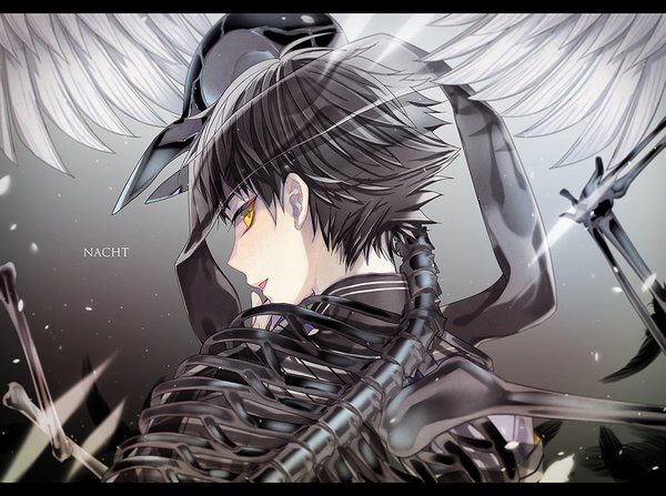 Anime picture 1000x745 with original yamabuki arashi single looking at viewer short hair black hair yellow eyes looking back from behind inscription short sleeves letterboxed skeleton boy