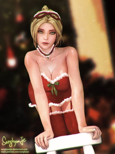 Anime picture 1200x1600 with starcraft blizzard entertainment nova (starcraft) sanghyunje single tall image looking at viewer short hair breasts light erotic blonde hair bare shoulders green eyes lips sleeveless christmas merry christmas girl thighhighs garter straps