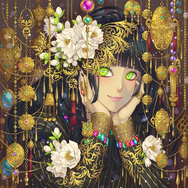 Anime picture 1000x1000 with original minami (minami373916) single long hair looking at viewer fringe black hair smile green eyes upper body blunt bangs nail polish hair flower fingernails lips lipstick striped pink lipstick chin rest hands on face
