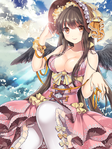 Anime picture 1000x1333 with original ice (ice aptx) single long hair tall image breasts light erotic black hair brown eyes sky cleavage cloud (clouds) girl dress bow ribbon (ribbons) animal frills bird (birds) bonnet