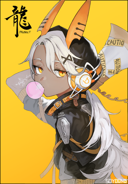 Anime picture 1530x2197 with original soyoong jun single long hair tall image looking at viewer fringe simple background hair between eyes signed yellow eyes upper body white hair horn (horns) mole dark skin eyebrows slit pupils yellow background bubble blowing