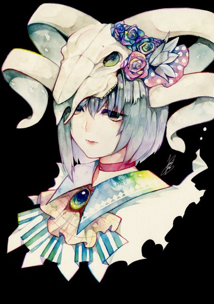 Anime picture 1000x1415 with original reniirean (artist) single tall image short hair simple background brown eyes signed looking away silver hair horn (horns) black background portrait traditional media watercolor (medium) girl flower (flowers) choker skull skull helmet