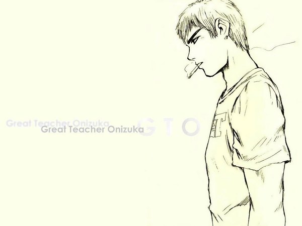 Anime picture 1024x768 with great teacher onizuka studio pierrot eikichi onizuka single short hair simple background white background profile wallpaper piercing smoke smoking boy earrings t-shirt cigarette