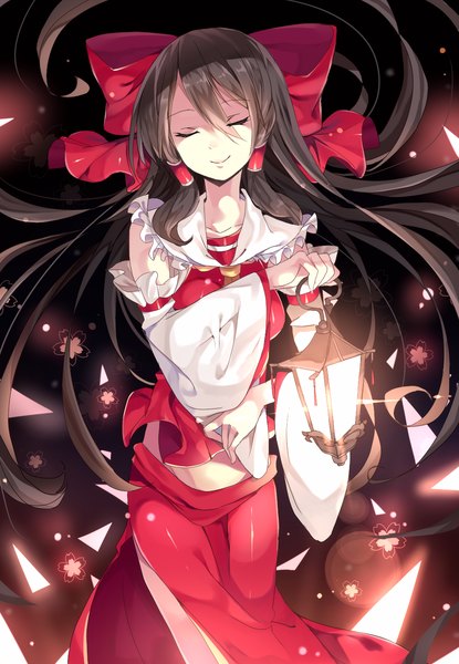 Anime picture 1039x1500 with touhou hakurei reimu kuroguren single long hair tall image fringe breasts smile brown hair holding eyes closed traditional clothes wide sleeves miko glow girl skirt flower (flowers) bow