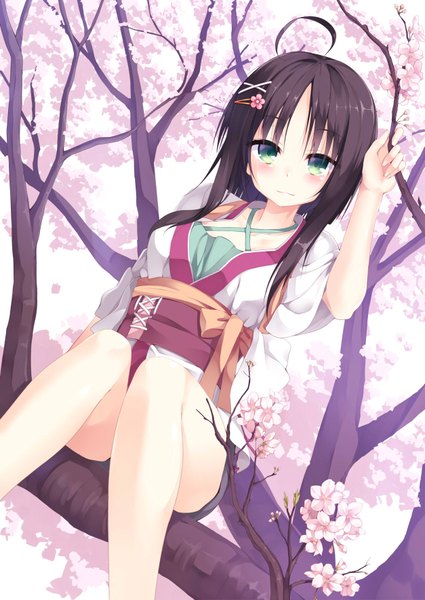 Anime picture 1253x1769 with senren banka yuzusoft hitachi mako east01 06 single long hair tall image looking at viewer blush fringe black hair sitting holding green eyes ahoge bent knee (knees) outdoors traditional clothes japanese clothes light smile