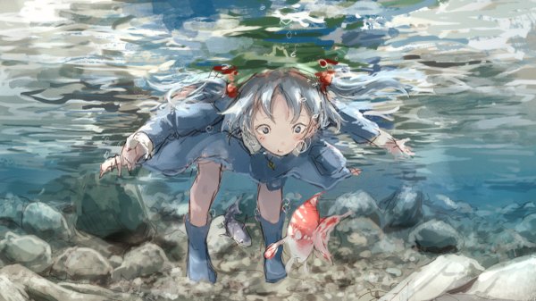 Anime picture 1200x675 with touhou kawashiro nitori yushika single blush short hair blue eyes wide image blue hair two side up looking down spread arms underwater girl animal boots bubble (bubbles) hair tie fish (fishes) hair bobbles