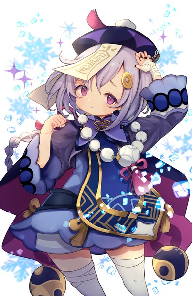 Anime picture 1000x1537 with genshin impact qiqi (genshin impact) totota single long hair tall image looking at viewer purple eyes purple hair braid (braids) nail polish single braid black nail polish girl thighhighs hat white thighhighs beads snowflake (snowflakes) ice