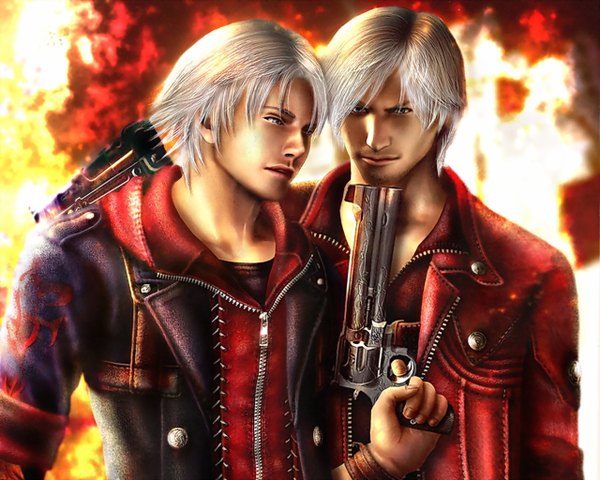 Anime picture 1280x1024 with devil may cry dante (devil may cry) nero (devil may cry) blue eyes realistic red background 3d boy weapon jacket gun cloak pistol