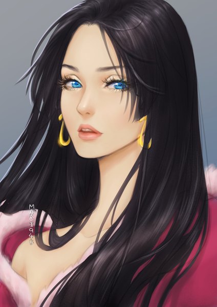 Anime-Bild 2480x3508 mit one piece toei animation boa hancock mari945 single long hair tall image looking at viewer highres blue eyes black hair simple background bare shoulders signed parted lips realistic grey background portrait girl earrings